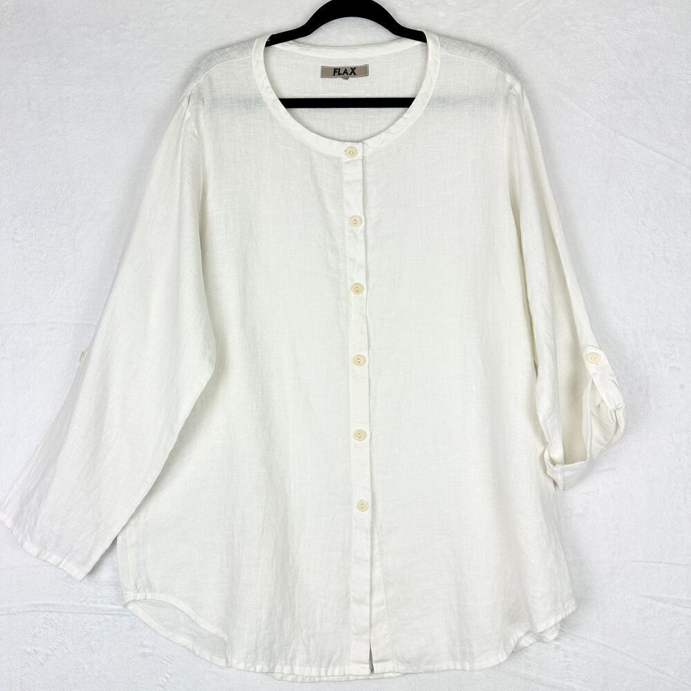 Flax Linen Button Front Long Sleeve Tunic Size Large White Lagenlook Roll Tab